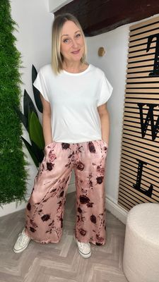 Abstract Floral Silk Blend Trousers - Rose Mix