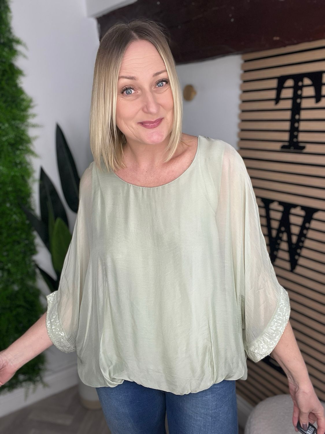 Sequin Sleeve Floaty Top - Pistachio