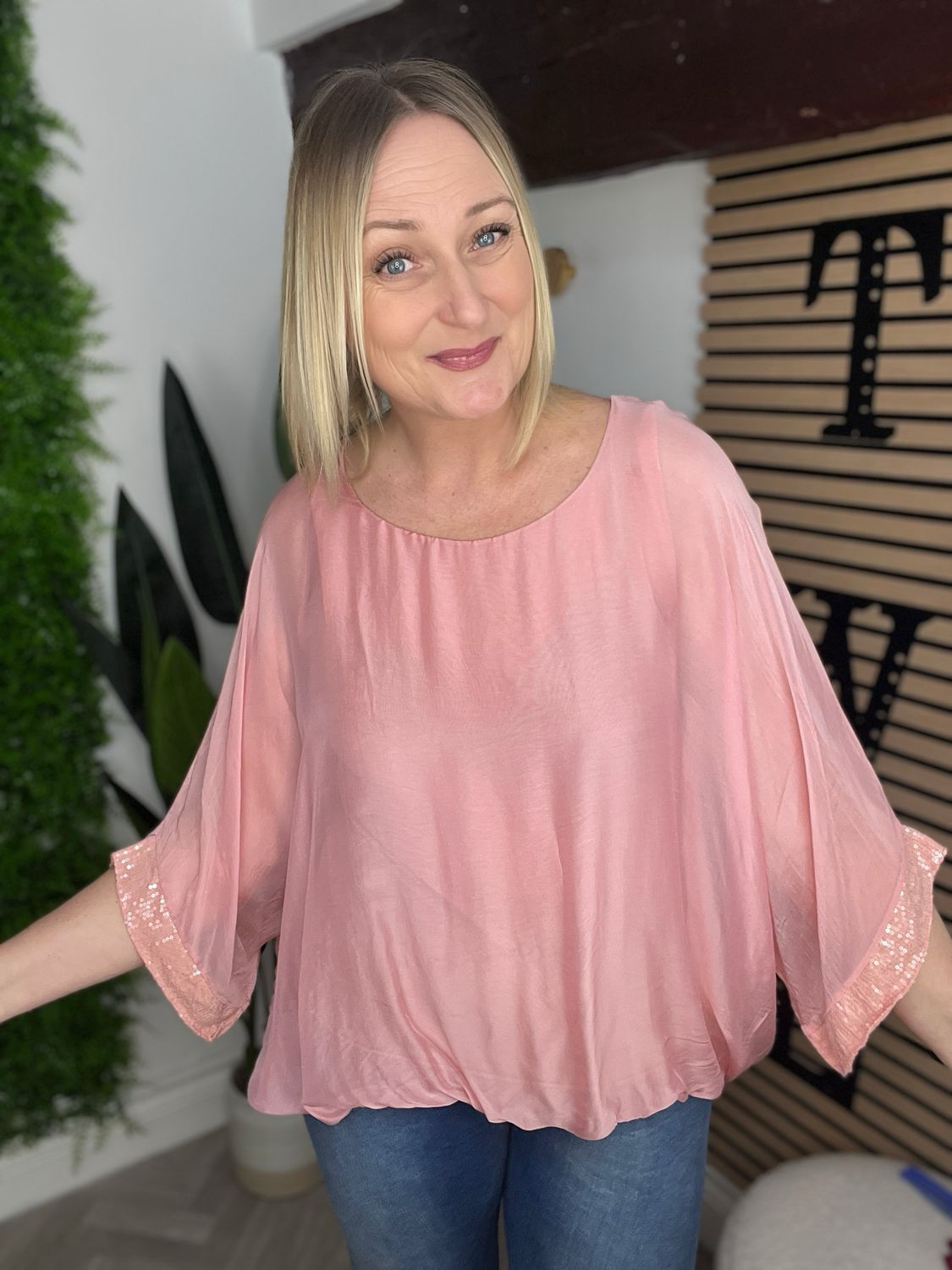 Sequin Sleeve Floaty Top - Rose