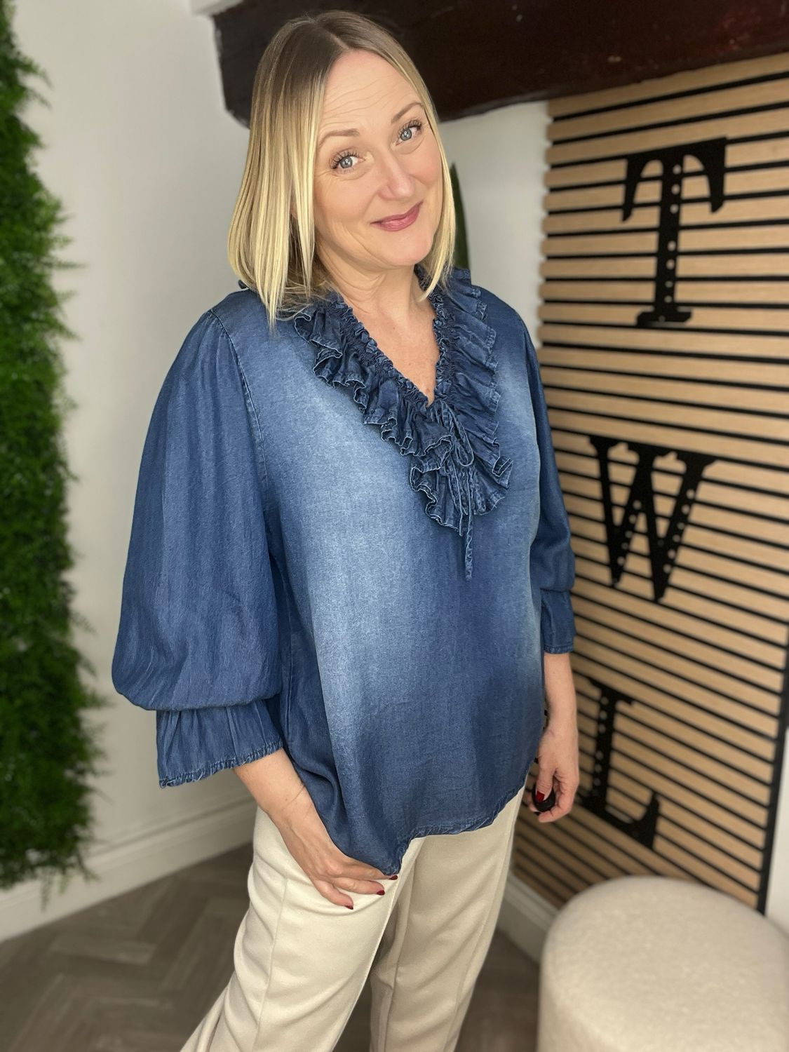 Chambray Frill Neck Detail Blouse- Indigo