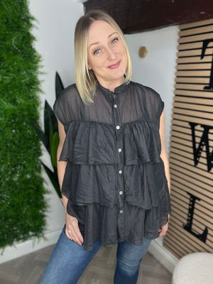 Tiered Frill Sleeveless Shirt Blouse - Vintage Black