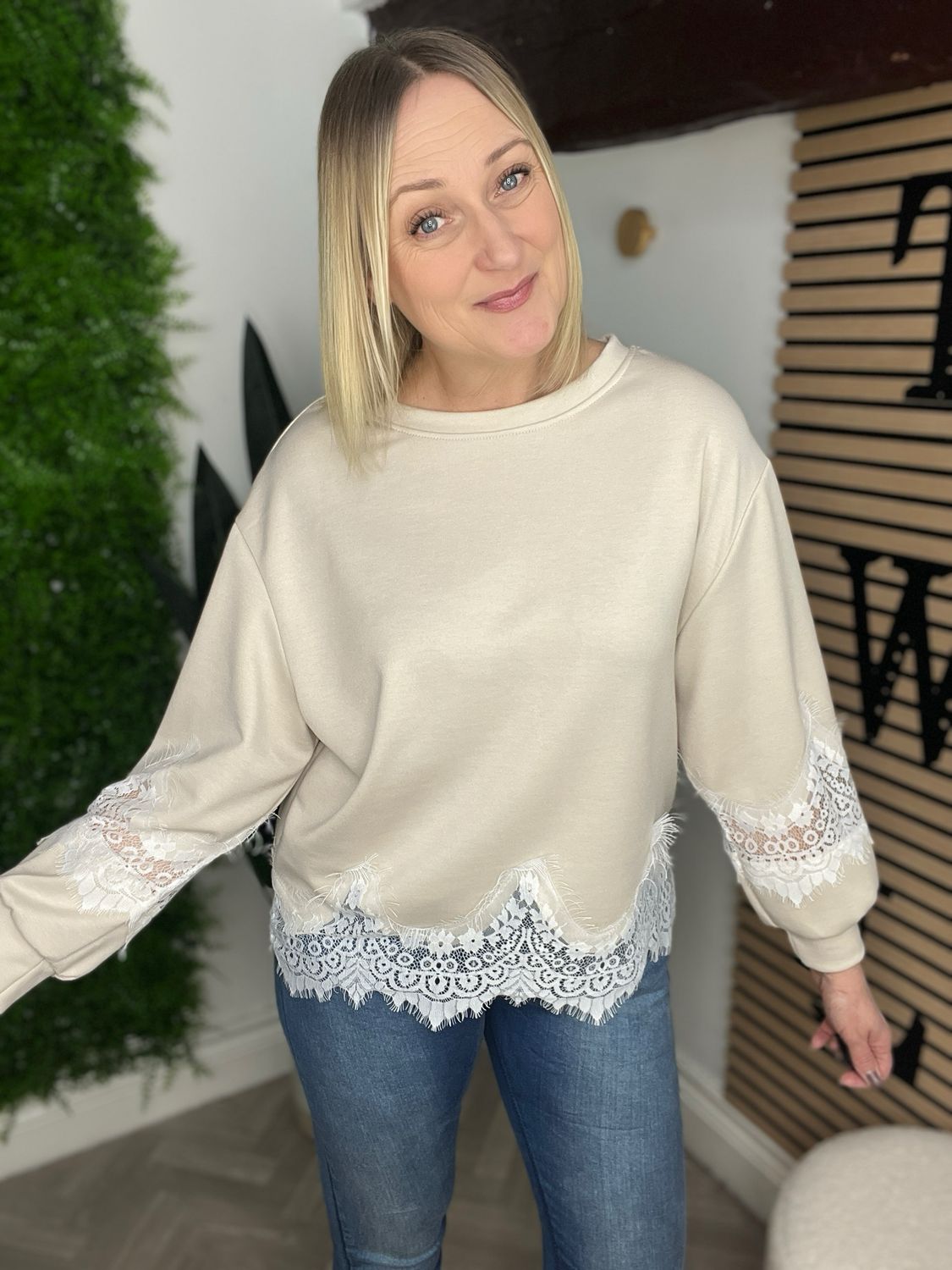 Lace Hem & Sleeve Scuba Sweatshirt - Stone