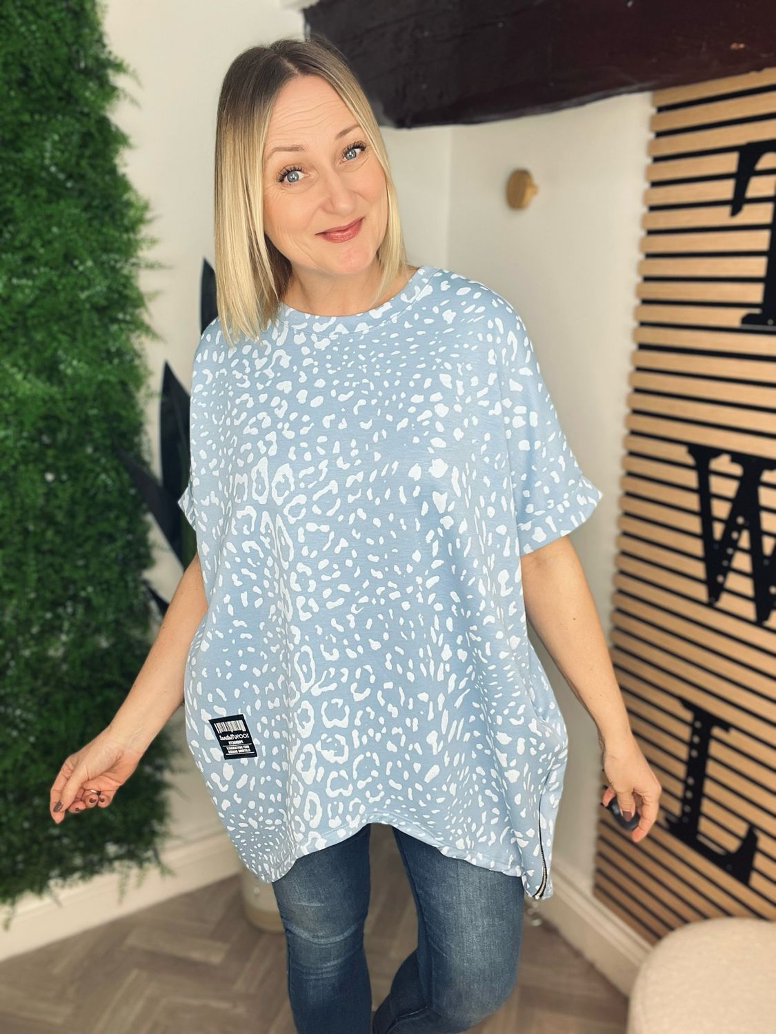 Animal Print Side Dip Hem Top - Blue