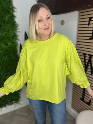 Broderie Anglaise Sleeve Top - Lime