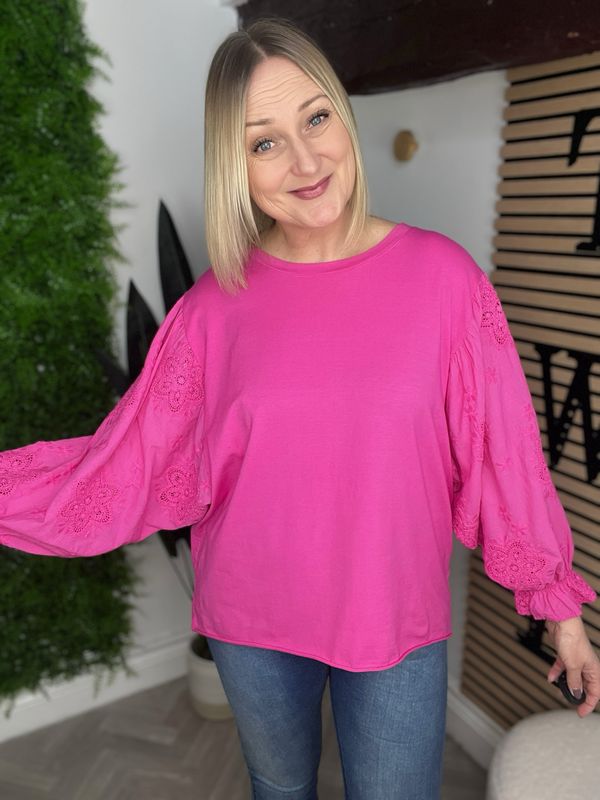 Broderie Anglaise Sleeve Top - Pink