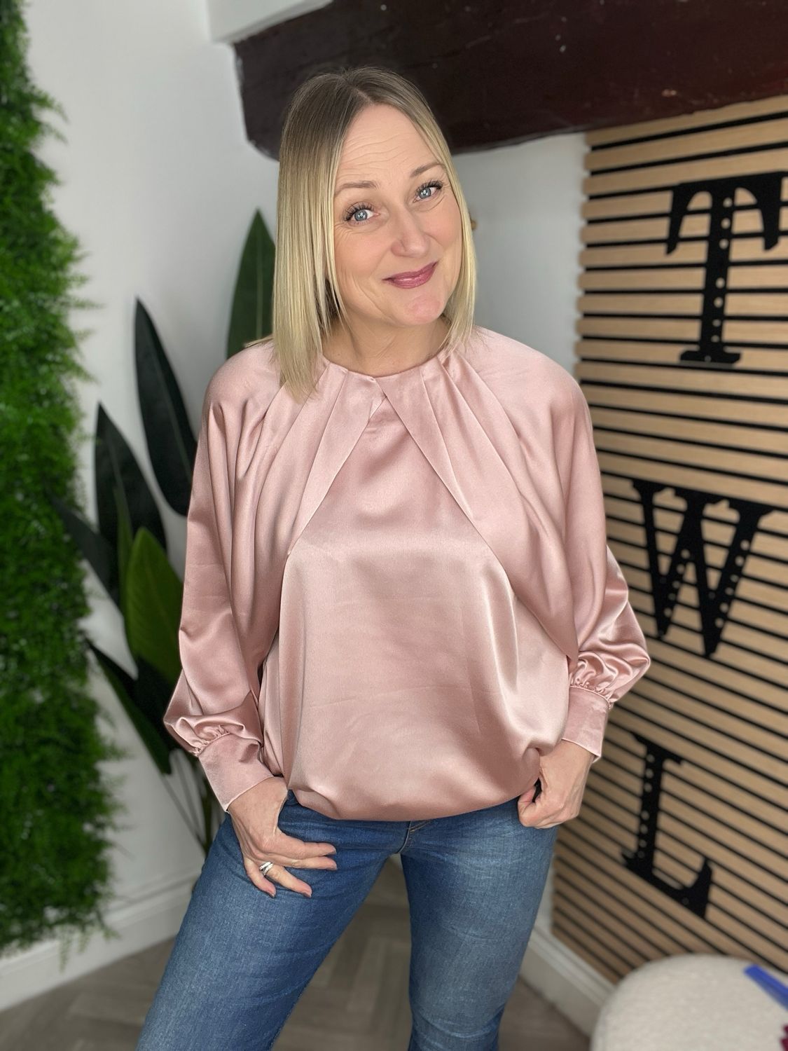 Pleat Detail Blouse Satin Feel - Blush