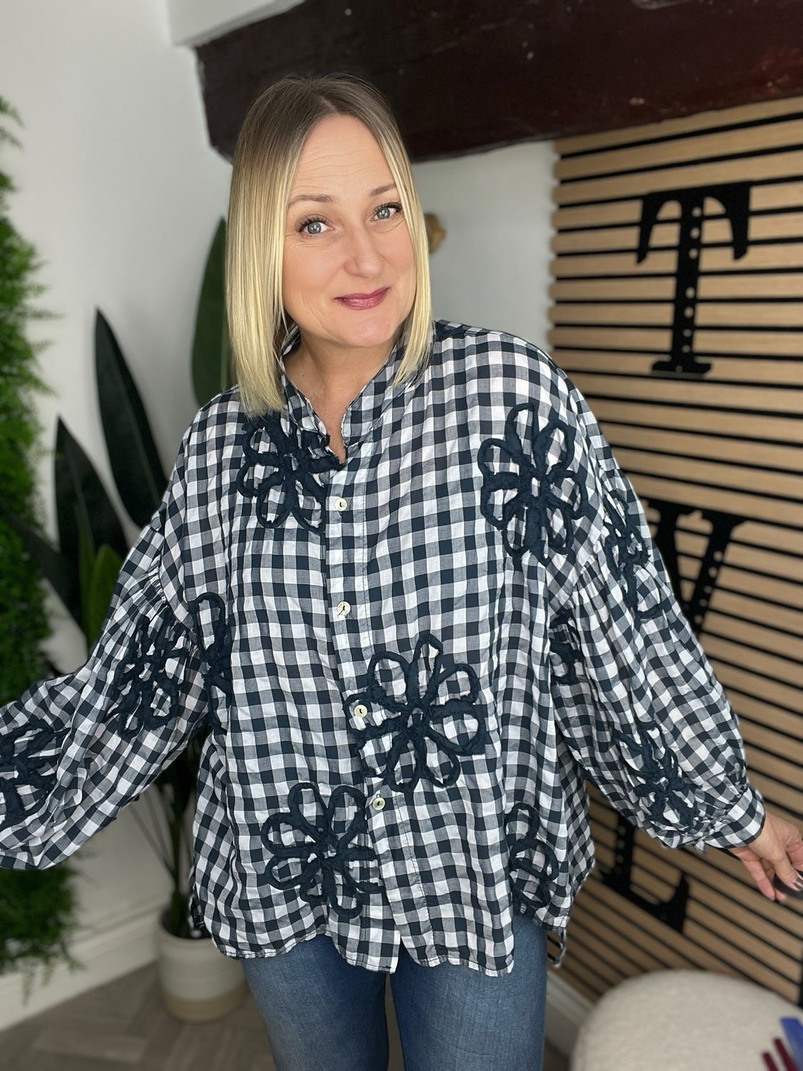 Gingham & Appliqué Shirt - Navy