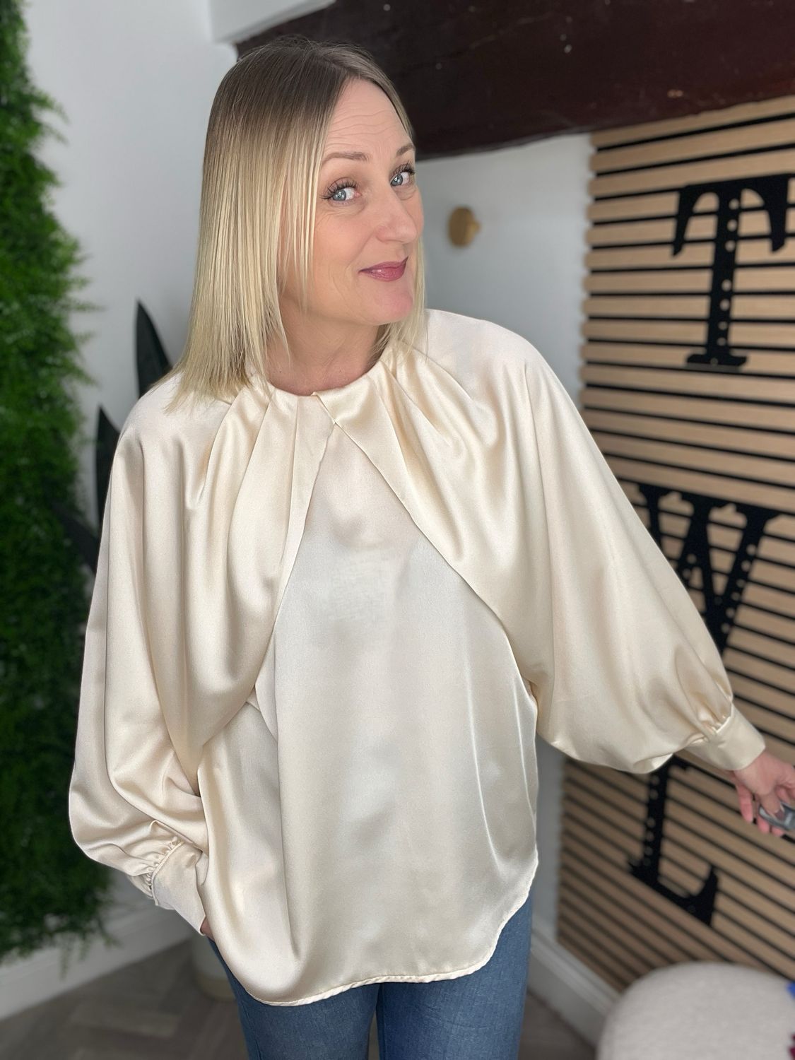 Pleat Detail Blouse Satin Feel - Champagne
