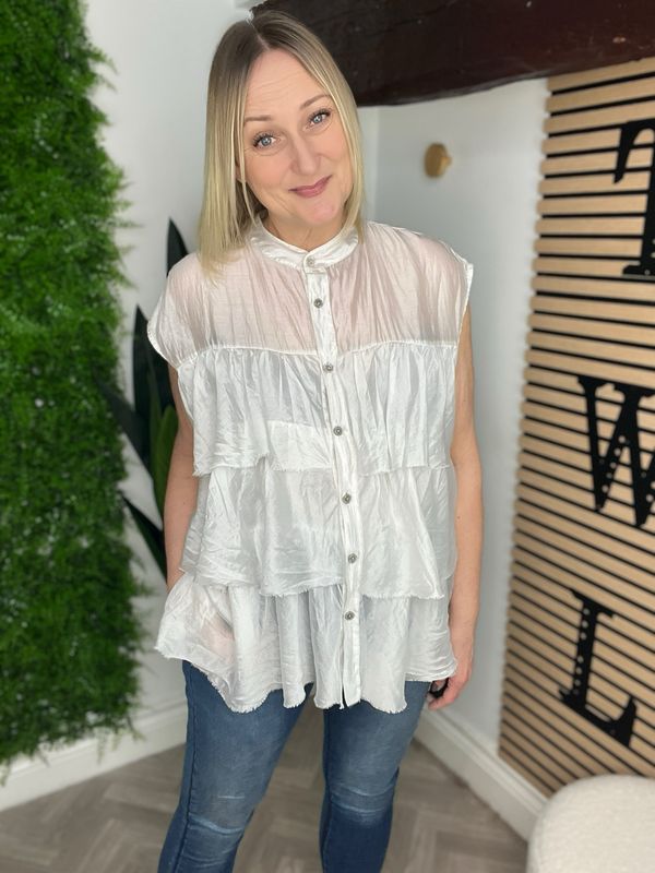 Tiered Frill Sleeveless Shirt Blouse - Off White