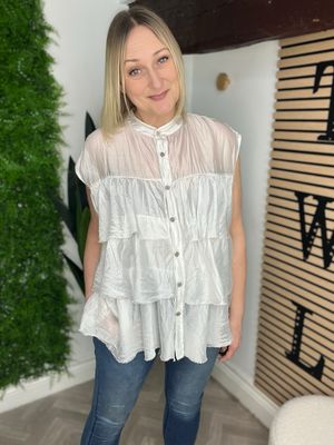 Tiered Frill Sleeveless Shirt Blouse - Off White