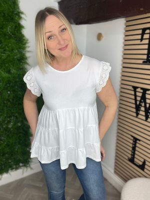 Broderie Anglaise Tee With Smock Hem - White