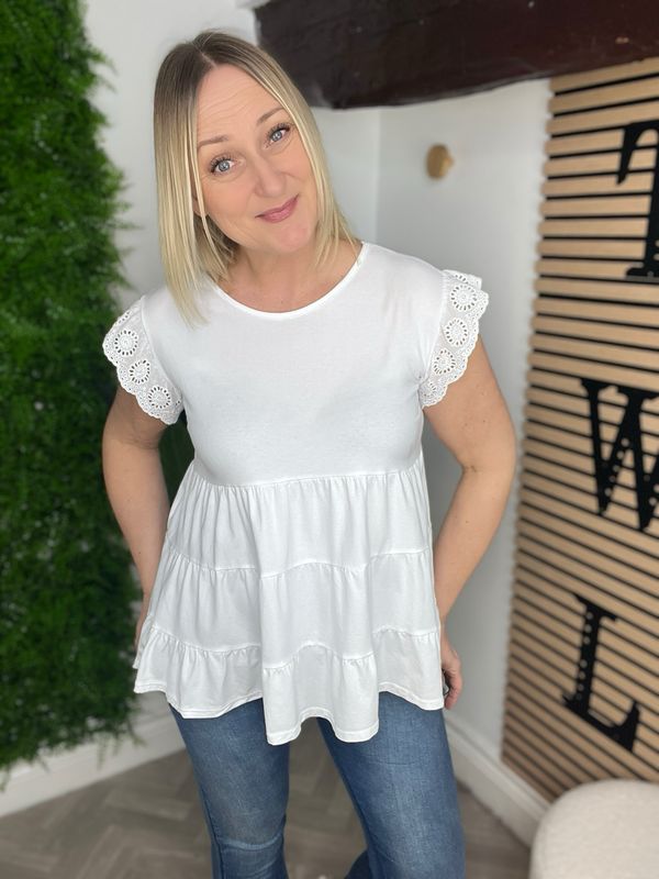 Broderie Anglaise Tee With Smock Hem - White