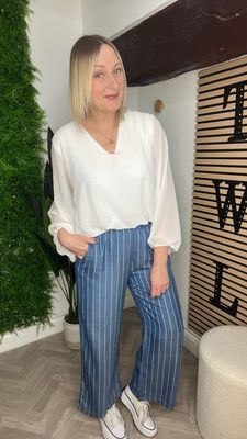 Chambray Stripe Floaty Trousers - Denim Blue