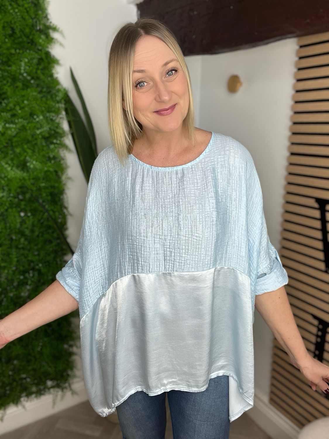 Waffle Dipped Side Hem Top - Powder Blue