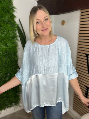 Waffle Dipped Side Hem Top - Powder Blue