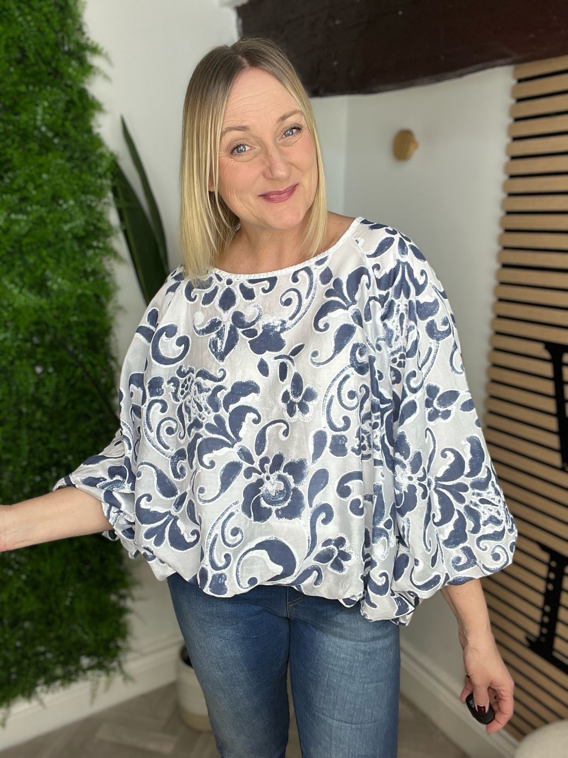 Blouson Top With Bubble Hem - White & Navy