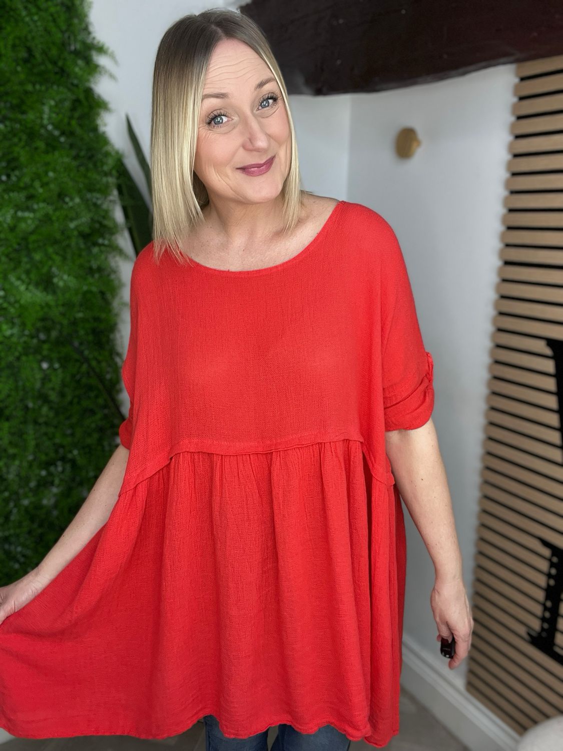 Linen Blend Tunic Top/Dress - Tomato Red