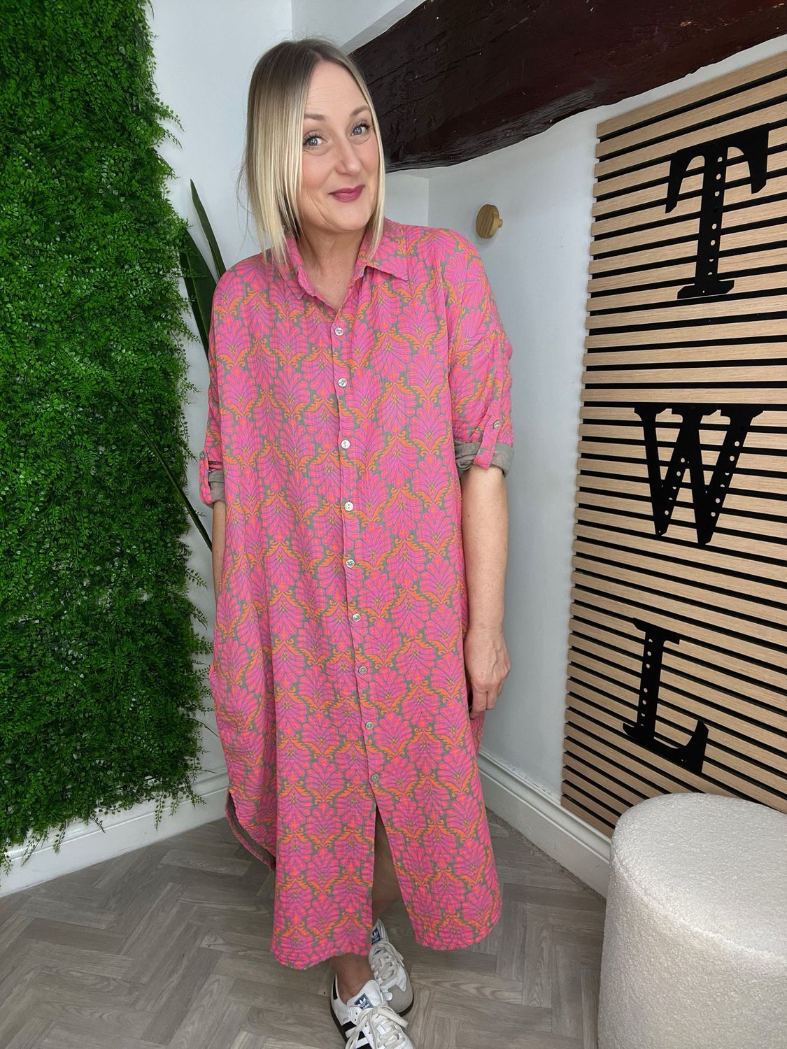 Waffle Button Down Shirt Dress - Pink/Khaki