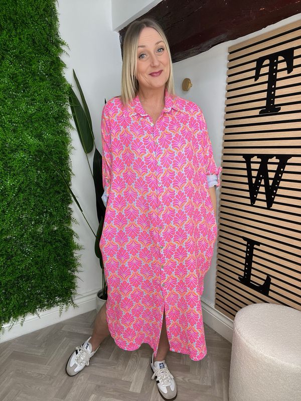 Waffle Button Down Shirt Dress - Pink/ Blue