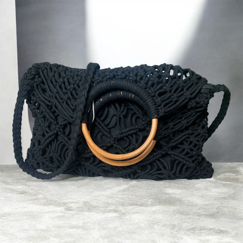 Crochet Fold Over Handbag - Black