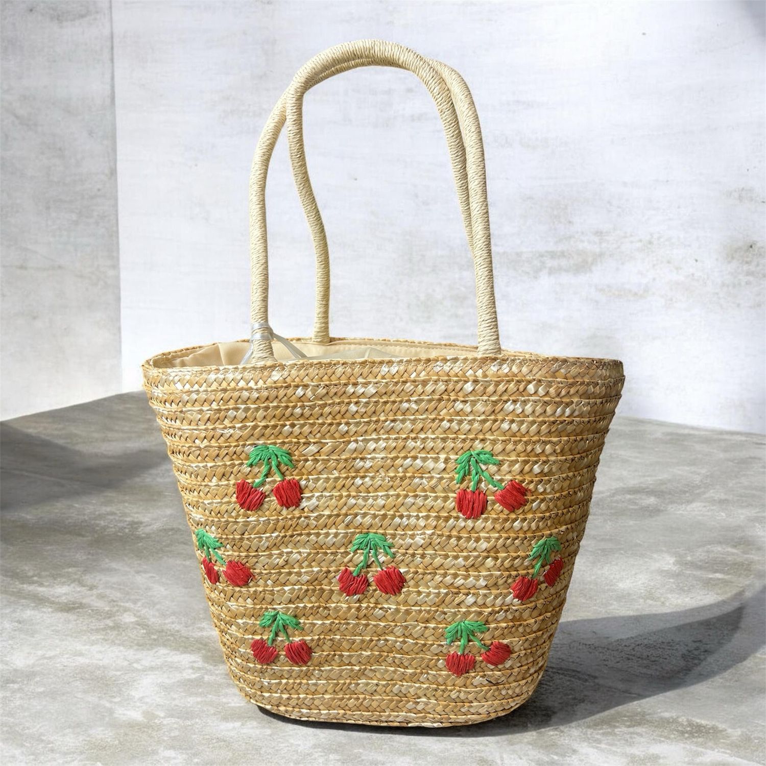 Raffia Bucket Bag - Cherry