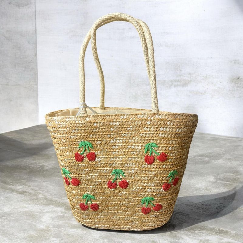 Raffia Bucket Bag - Cherry