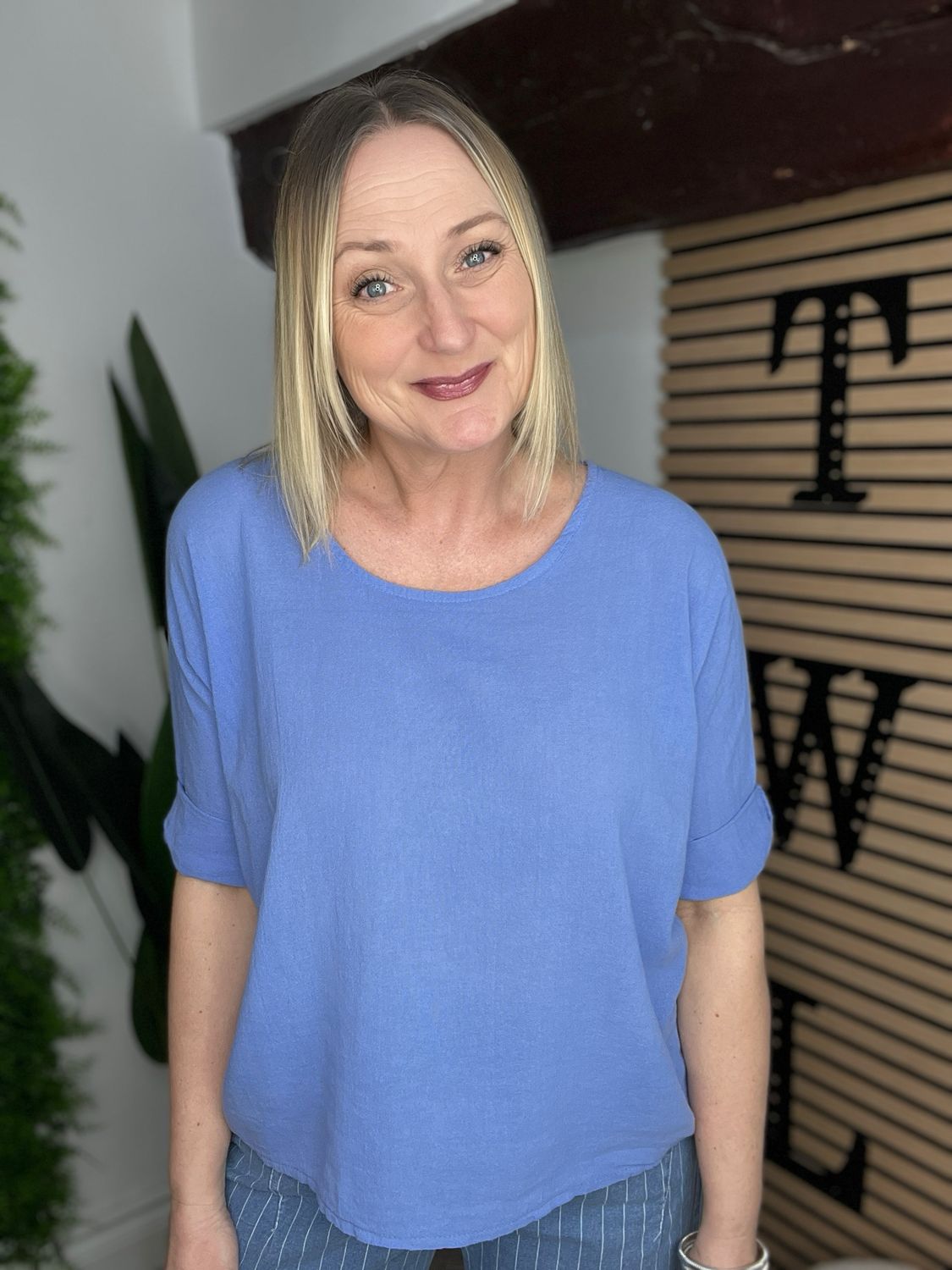 Linen Blend Top - Cornflower Blue