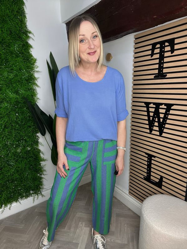 Stripe Pocket Detail Cotton Trouser - Green & Cornflower Blue