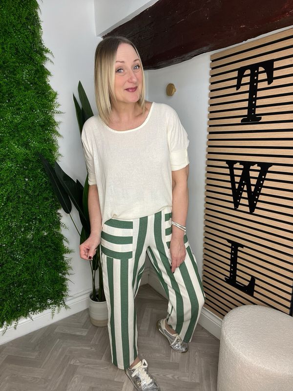 Stripe Pocket Detail Cotton Trouser - Khaki & Ecru