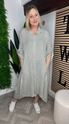 Stripe Button Down Shirt Dress - Khaki & Ecru