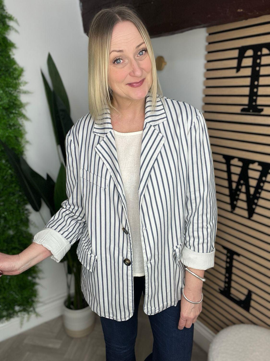 Lux Cotton Stripe Blazer - Ecru & Navy