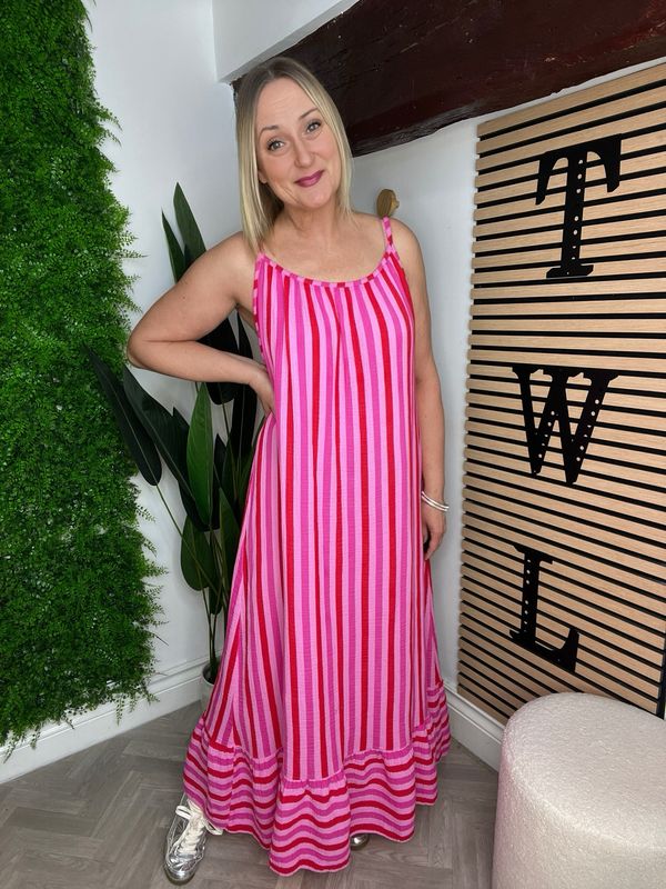 Waffle Shoestring Maxi Dress - Pink & Red