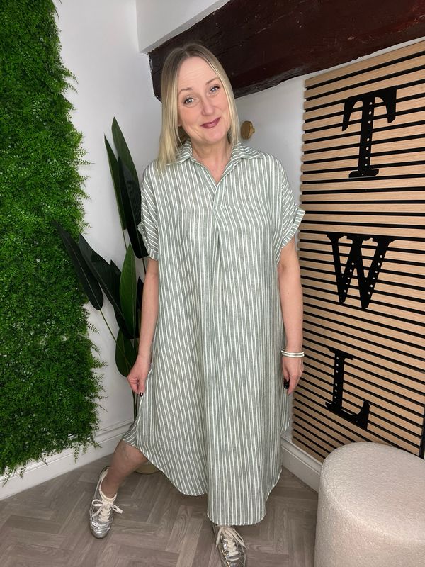 Notch Neck Summer Dress - Stripe Khaki Mix