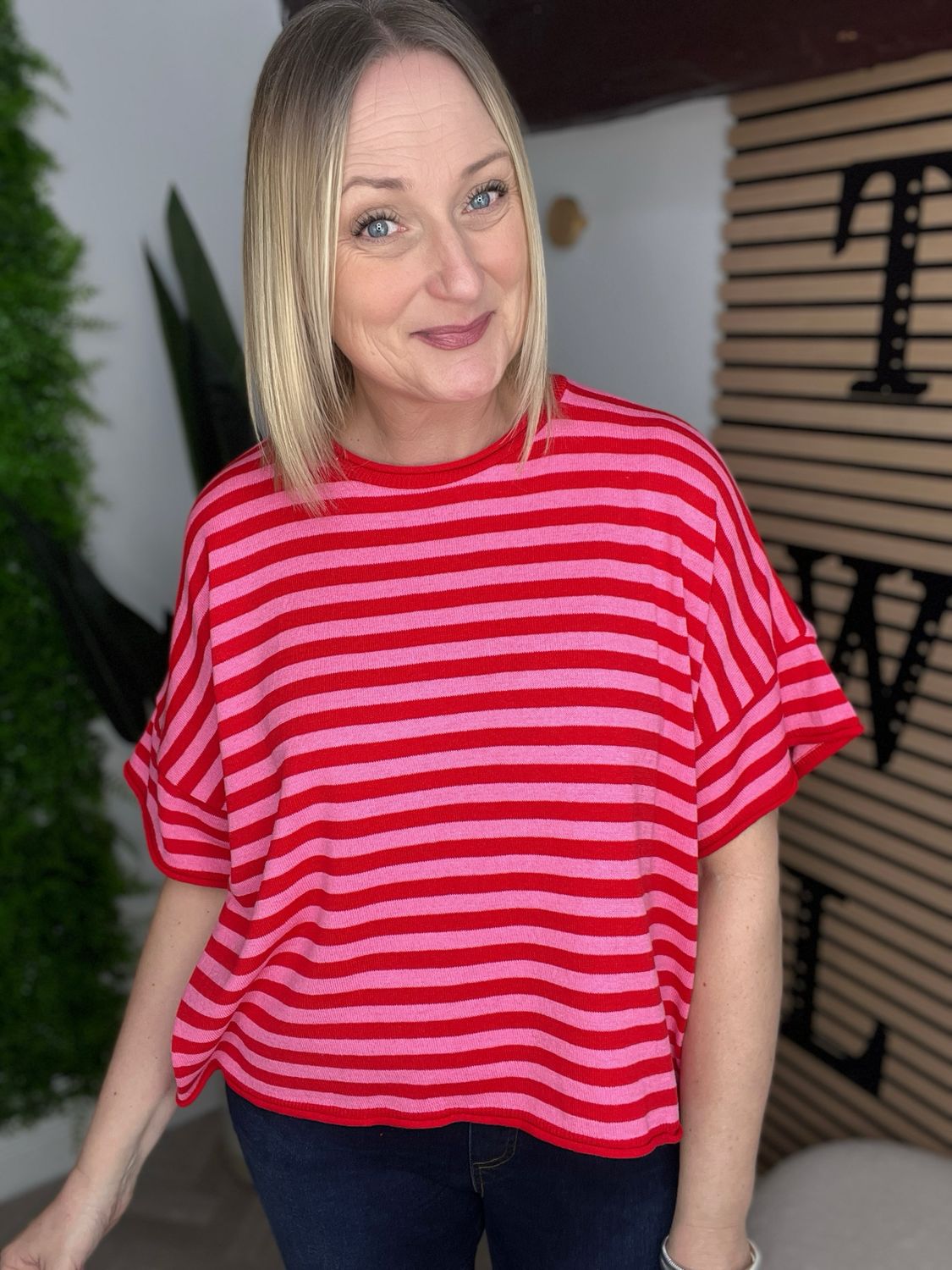 Stripe Box Fit Top - Red & Pink