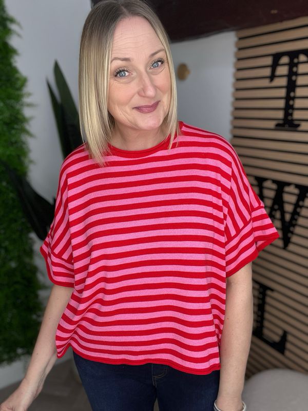 Stripe Box Fit Top - Red & Pink
