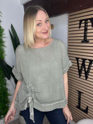 Teabag Ruched Cotton Top - Khaki