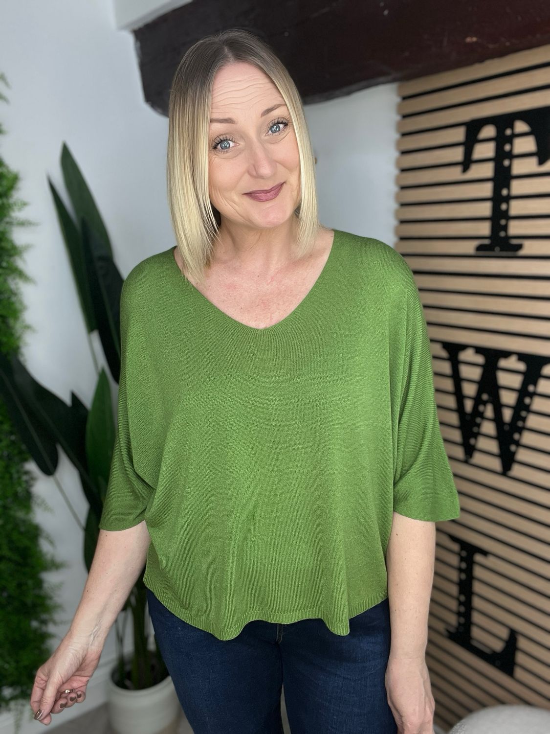 Box Fit Jumper V Neckline - Olive Green