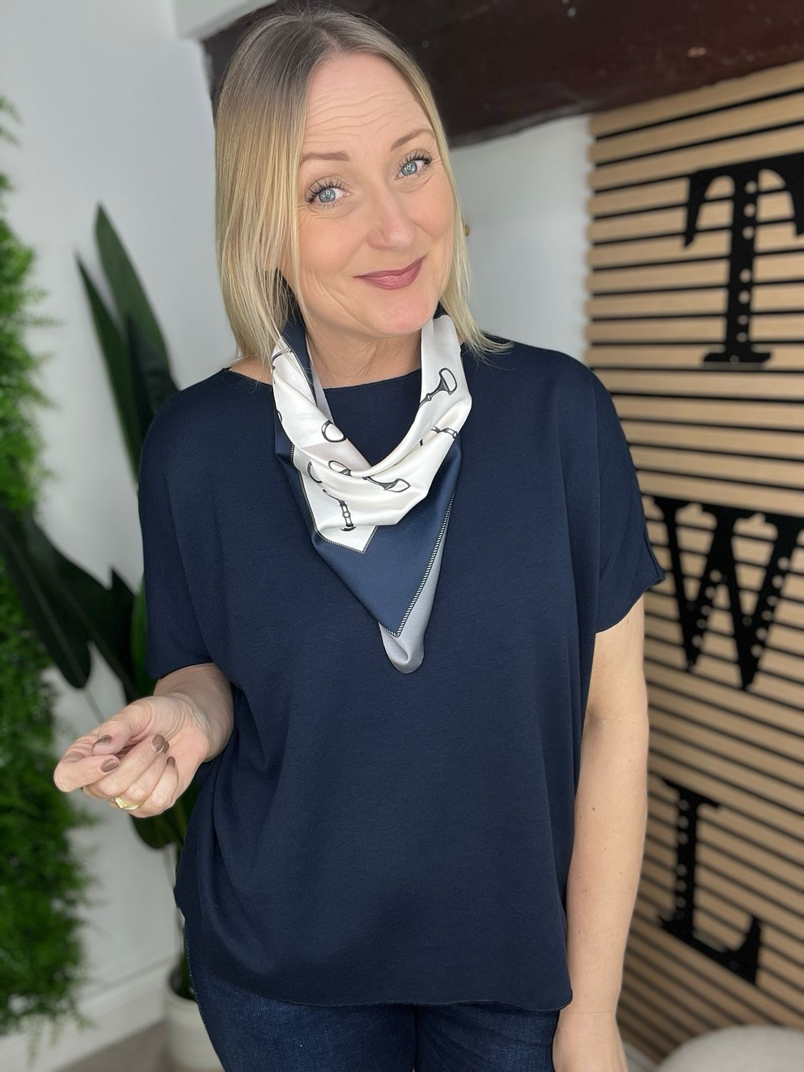 Box Fit Top With Scarf - Navy