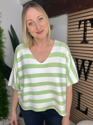 Box Fit Stripe V Neck Knit - Lime