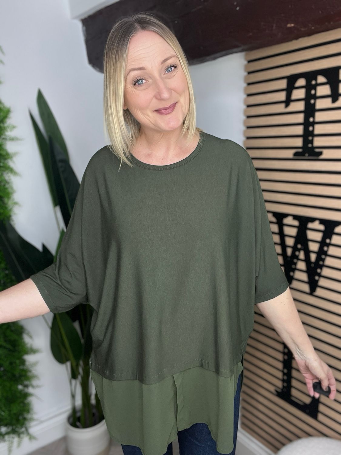 Soft Jersey Top With Faux Blouse Hem- Khaki