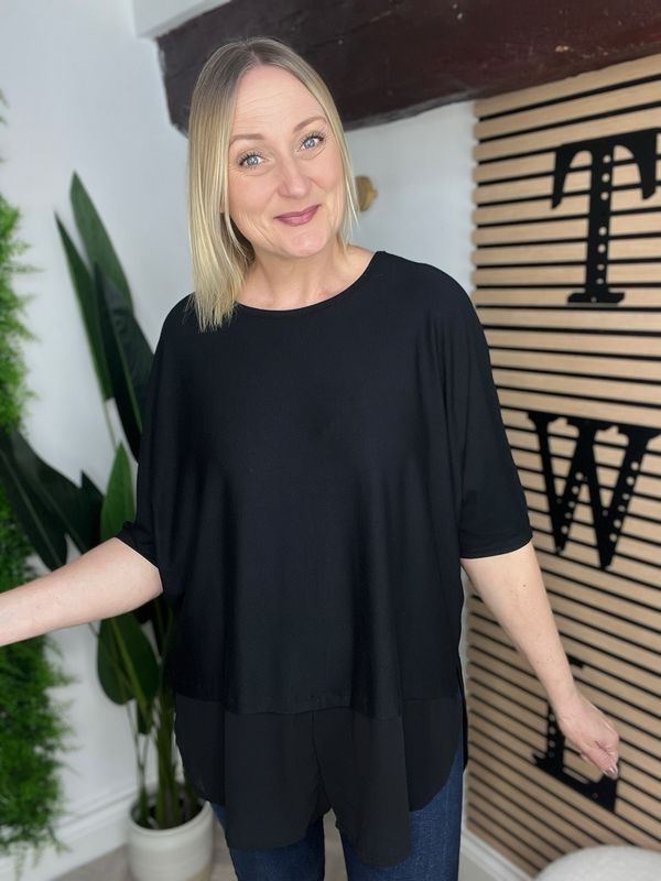 Soft Jersey Top With Faux Blouse Hem- Black