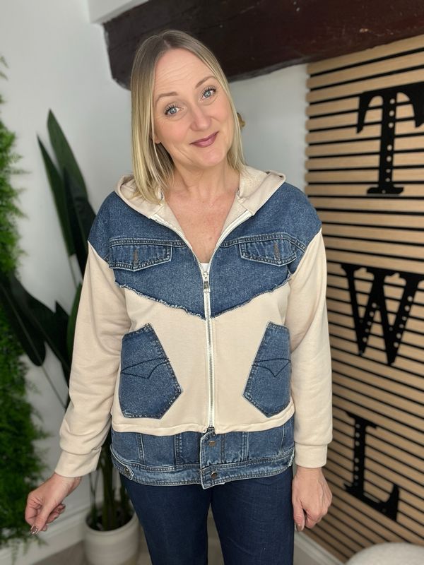 Denim & Jersey Hooded Jacket - Stone