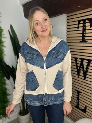 Denim & Jersey Hooded Jacket - Stone