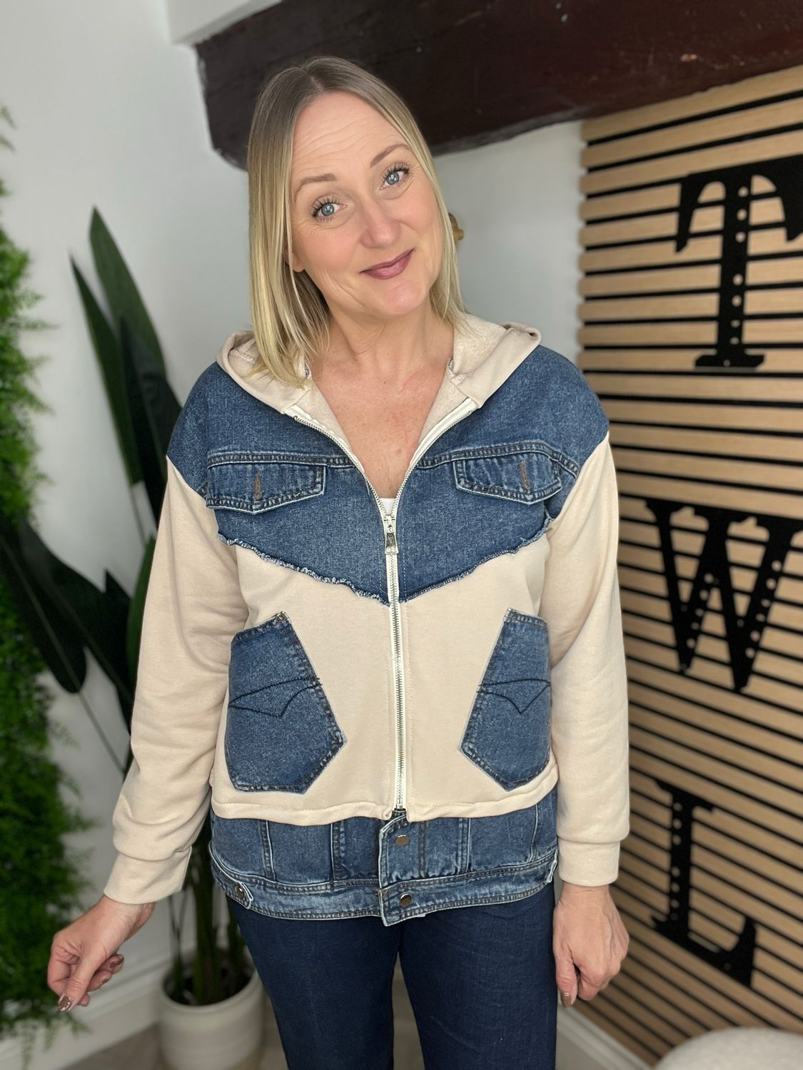 Denim & Jersey Hooded Jacket - Stone