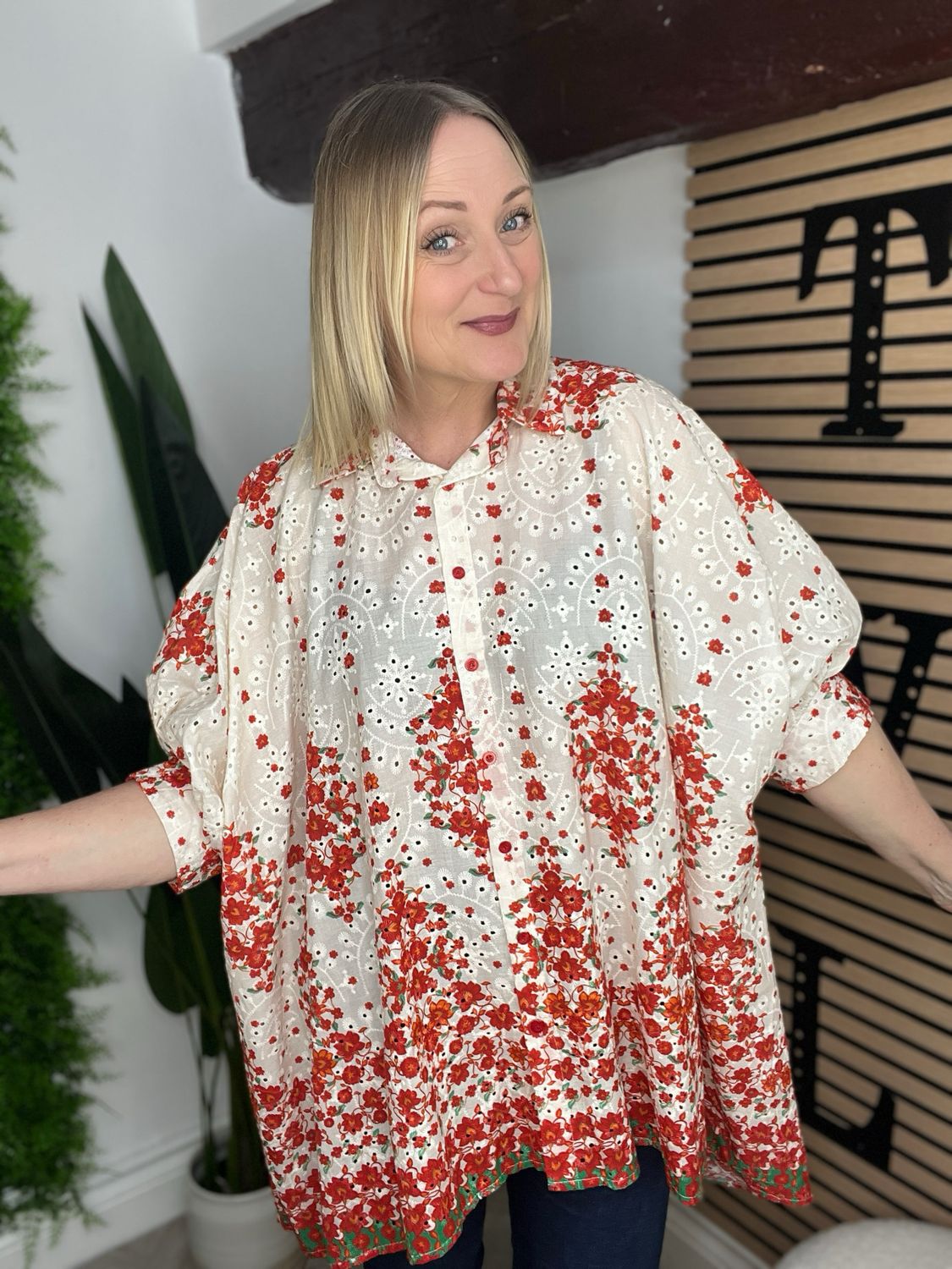 Broderie Anglaise Floral Shirt - Red