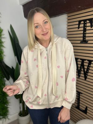 Soft Scuba Heart Hooded Bomber Jacket- Ecru