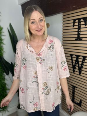 Floral Button Detail Top - Rose