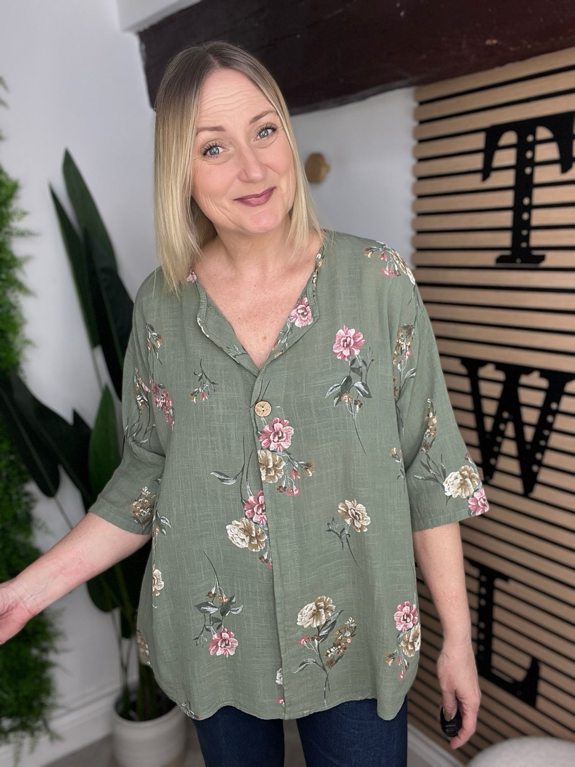 Floral Button Detail Top - Khaki