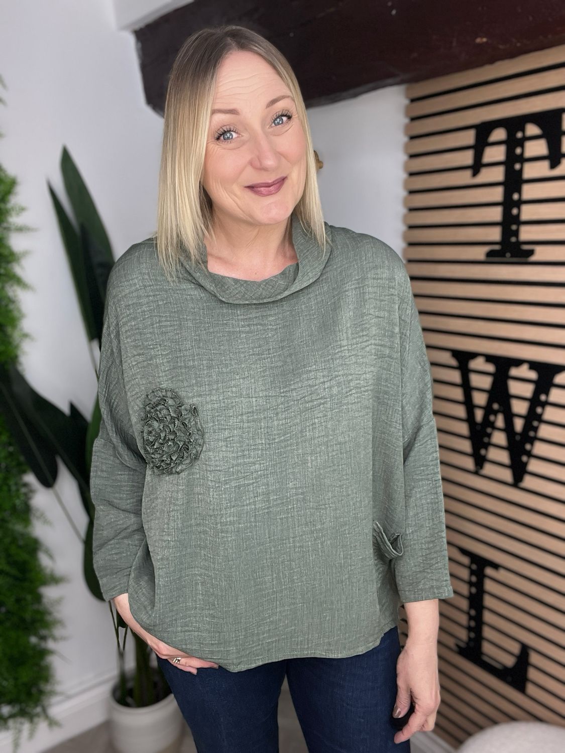 Appliqué & Cowl Neck Top - Green