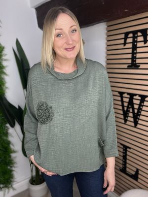 Appliqué & Cowl Neck Top - Green